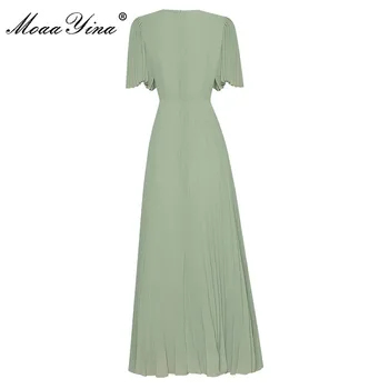 MoaaYina Moe Raja Suvel Roheline Kleit Naiste O-kaeluse Liblikas Varruka Pleisse Tikitud Plisseeritud Elegantne Pool Kleit