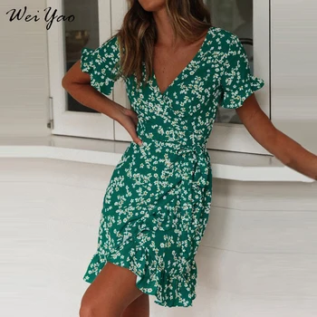 Naiste Kleidid Suvel 2020 Seksikas V-Kaelus Õie Printida Boho Beach Kleit Ruffle Lühikesed Varrukad Joon Mini Kleit Wrap Sundress Rüü