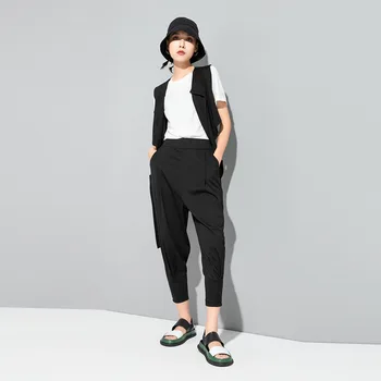 Suvel kõrge kvaliteediga naiste vabaaja elastne haaremi püksid lahti elastne vöökoht kärbitud püksid Must Naiste püksid