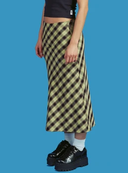 Vintage 90s Ruuduline Kõrge Vöökoht Trükkimine-Line Pikk Seelik Y2K E-Tüdrukute Pruun Midi Seelikud Indie Esteetika Streetwear Suve