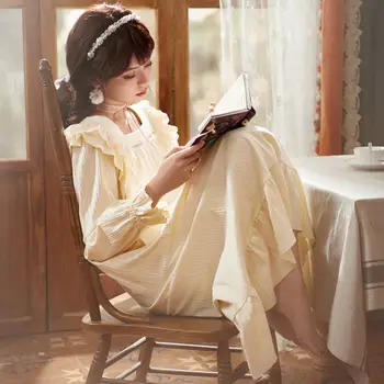 Naiste Nightgowns Pits Square Krae Pikk Varrukas Tahke Lihtne Printsess Ulzzang Kottis Vabaaja Korea Stiilis Mood Ðikk Sleepwear