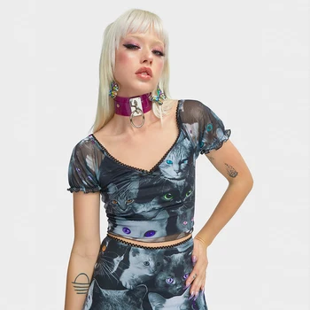InsGoth Mall Goth Seksikas Must Seelik Harajuku Kõrge Vöökoht Silmadega Kass Prindi Mini Seelikud Streetwear Bodycon E Tüdruk Seelik Klubi Kandma