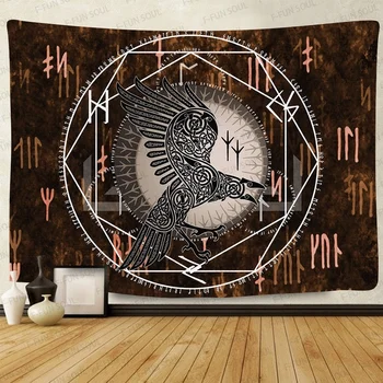 Simsant Viking Raven Tapestry Salapärane Viking Meditatsiooni Psühhedeelne Runes Kunst Seina Ripuvad Seinavaibad eest elutuba Decor