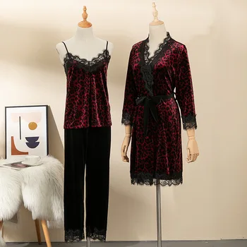 Seksikas Pits Nightgowns Vabaaja Hommikumantel Prindi Leopard Velvet 3TK Pidžaama Komplekt Naistele Sleepwear Sügis-Talvel Uute Magada Set Homewear