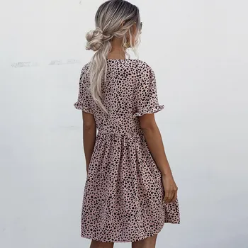 Naiste Lühikesed Varrukad Polka Dot Trükitud Nööpidega Tasku Kleit Naiste Mood V Kaelus-Line Pocket Mini Kleit Vestido 2021 Suve