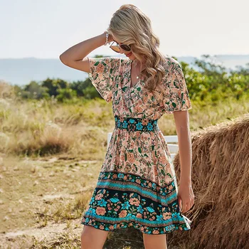 Naiste Bohemia Lilleline Kevad-Suvine Prindi Kleit 2021 Uus V Kaelus Kõrge Vöökoht Lühikesed Varrukad-line Daamid Puhkus Kleit