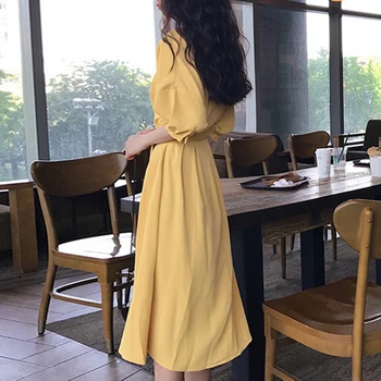 Yitimoky Kleit Naistele Poole Varruka korea Elegantne Mood 2021 Kleidid Keskel Vasikas Vabaaja Tahke Kollane Riietus Kõrge Vöökoht O-kaelus