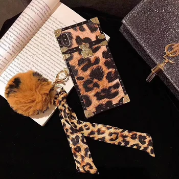 Luksus brändi Square leopardi mustriga Hairball pehme, räni, telefon case for iphone 6 7 8 plus X-XR MAX 11 12 Pro 2SE Sallid kate