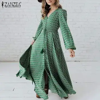 Mõõdus ZANZEA Bohemian Naiste Kleit 2021 Sügis-line Nuppu Üles Maxi Vestidos Casaul Prindi Puhvis Varrukad, V-kaelus Pikk Sundress