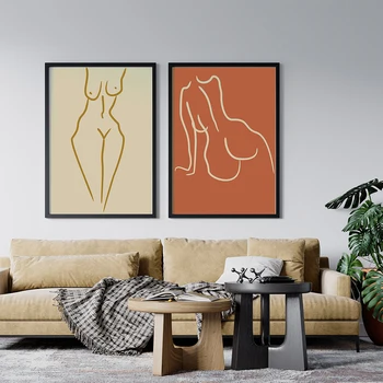 Põlenud Oranž Alasti Keha Kunsti Lõuend Maal Abstraktne Joonistus Seksikas Tagumik Line Prindib Minimalistlik Galerii Seina Decor Kaasaegne Plakatid