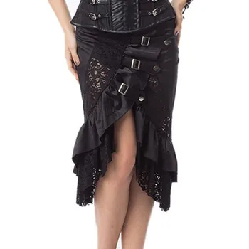 Faldas de cintura alta gótico victoriano de R37 Õie negro falda renacimiento Keskaja faldas asimétricas