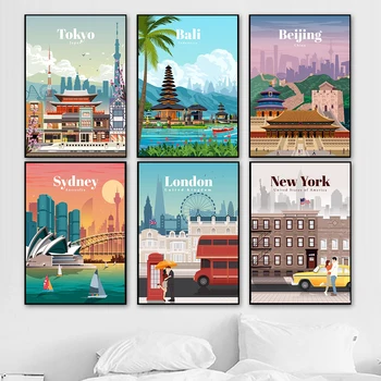 Isekleepuvad Maali Seina Kleebis Kuulus Linn Retro Reisi Plakat Cartoon London, New York, Bali Tokyo Pilte Kodu Kaunistamiseks