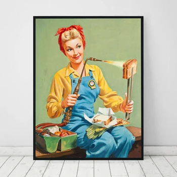 Vintage Köök Pin-Up Tüdruk Märk Prindi Plakat Grillitud Juustu Võileib Terviseks Naine Lõuendile Maali Seina Kauplus Art Decor Pilt