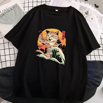 Ukiyo-E Surf Sushi Cat, Print T-Särk Naine, Suvel Lühikesed Varrukad Tee Vintage Casual Lahti Ülepaisutatud Harajuku Graafiline Naine T-Särk