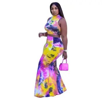 2021 Naiste Mood Tie Dye Printimiseks Kleit Komplektid 2-osaline Komplekt, kõrge kaelusega Varrukateta T-särk+seelik Kleit Set Naiste Vabaaja Streetwear