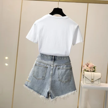 Streetwear Vabaaja 2-osaline komplekt, Naiste Roosa Lill Appliques Valge Tshirt + Kõrge vöökoht Tutt 3D Lille Tikandid Denim lühikesed Püksid Komplekt