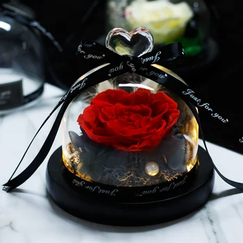 Ema Päev Kohal Kuivatatud Lillede Ilu Ja Koletis Igavene Reaalne Tõusis Koos LED Klaasist Kuppel Valentine Pulm Home Decor Kingitus