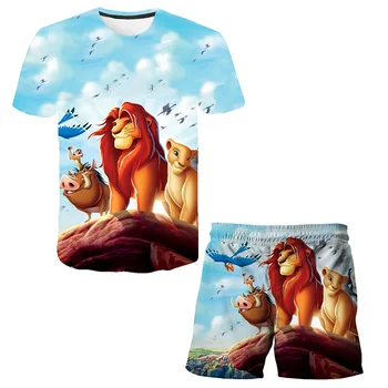 Uus Lion King T-Särk Sobiks Lõbus Prindib Poiss Tüdrukute Lühikesed Varrukad Lühikesed Püksid 2-osaline Komplekt, 4-14T Polüesterkiud, Vabaaja Bab