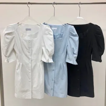 ZHISILAO Elegantne-line Kleit Naiste Tahke Puhvis Varrukad Pool Single-breasted Mini Kleit Valge Must Kõrge Vöökoht Rüü Suvel 2021